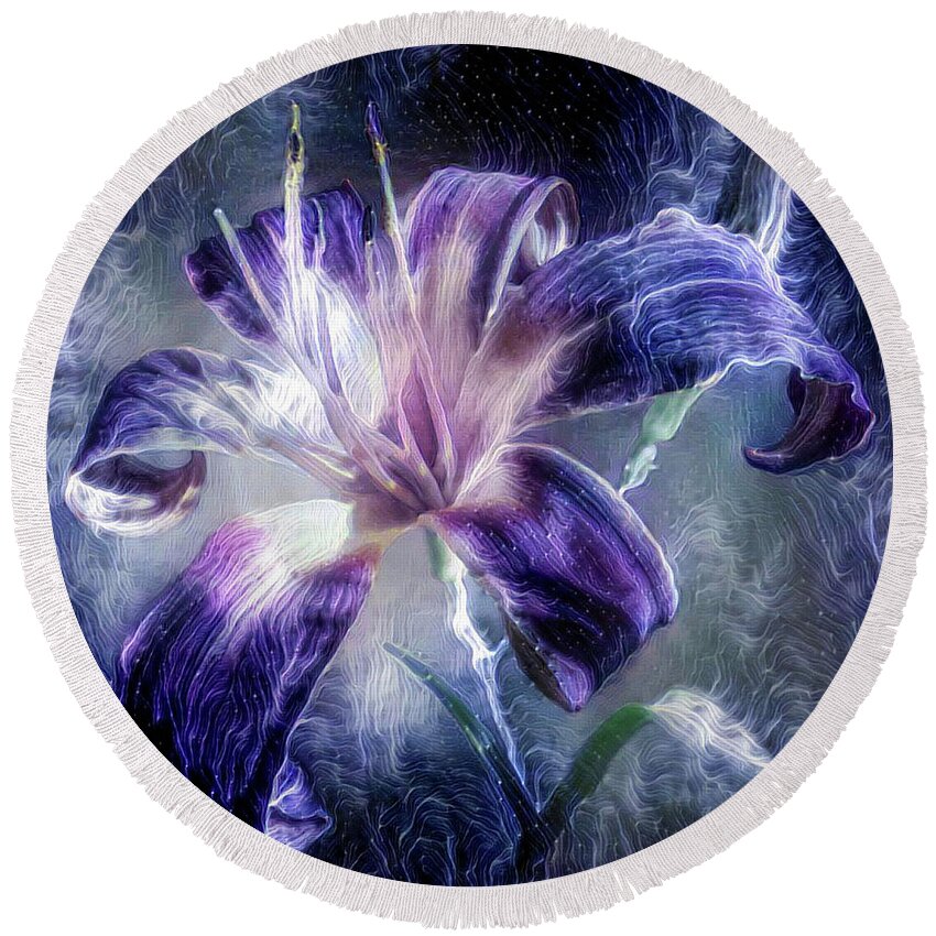 Purple Round Beach Towel featuring the mixed media Purple Lily flower by Lilia D
