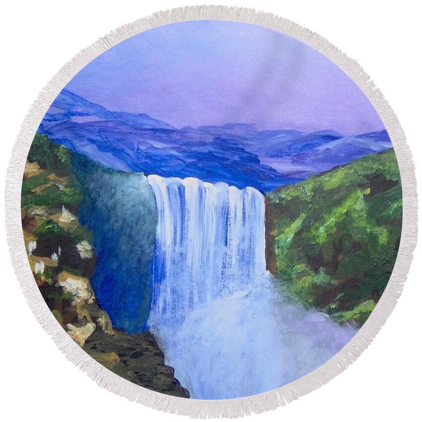 Landscape Round Beach Towel featuring the painting Purple Mountains by Saundra Johnson
