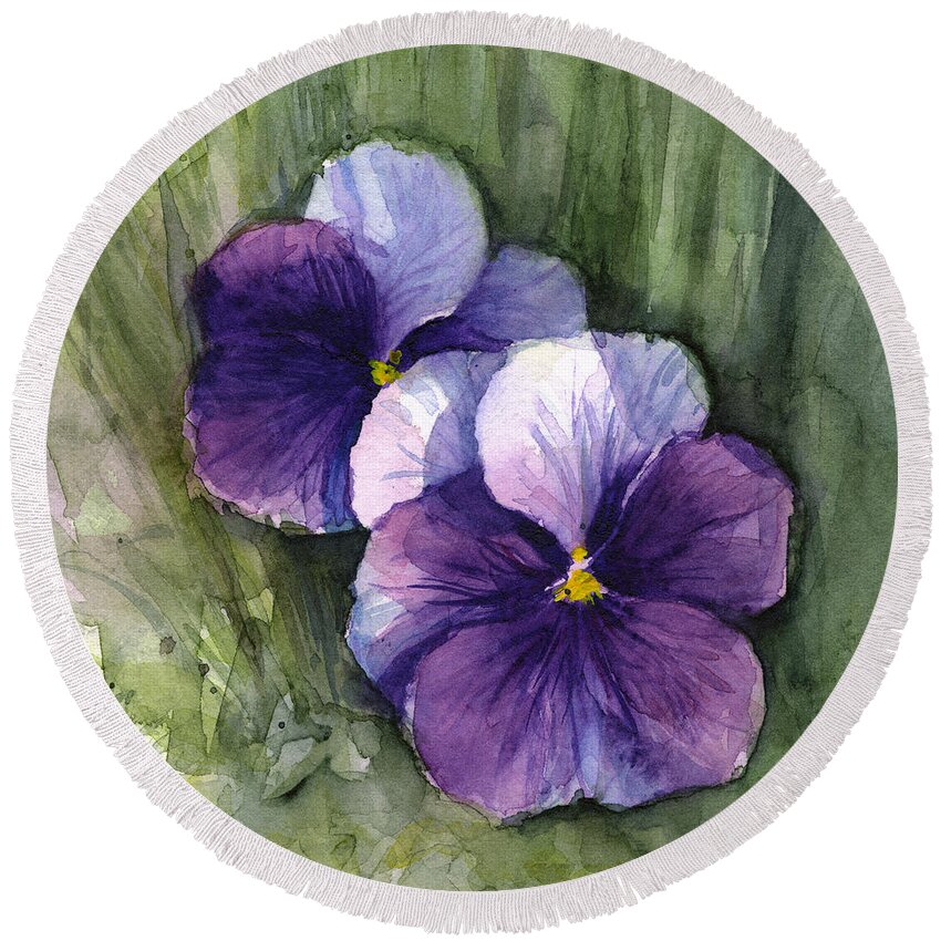 Pansy Round Beach Towel featuring the painting Purple Pansies Watercolor by Olga Shvartsur