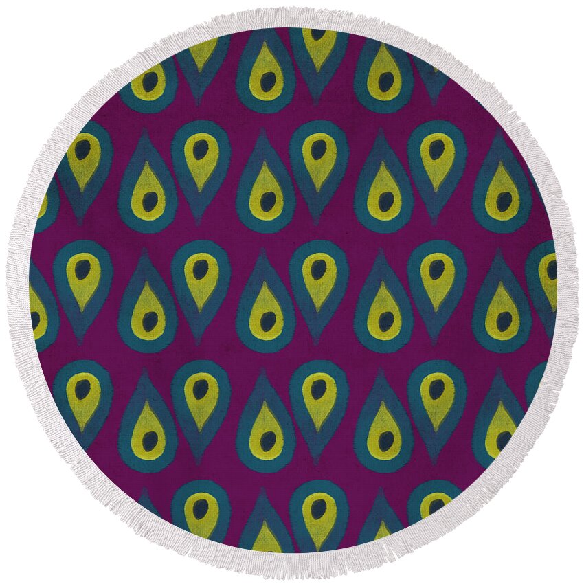 Pattern Round Beach Towel featuring the mixed media Purple Peackock Print by Linda Woods