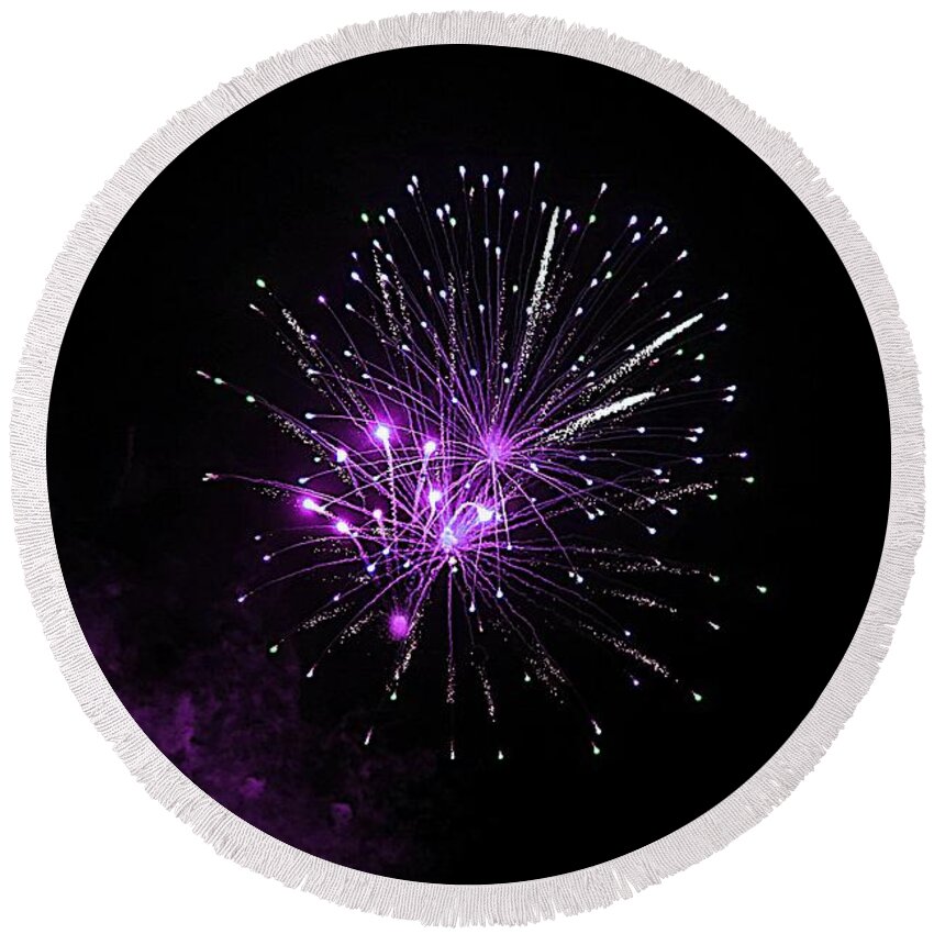Fireworks Round Beach Towel featuring the photograph Purple sparkle in the Sky by Yumi Johnson