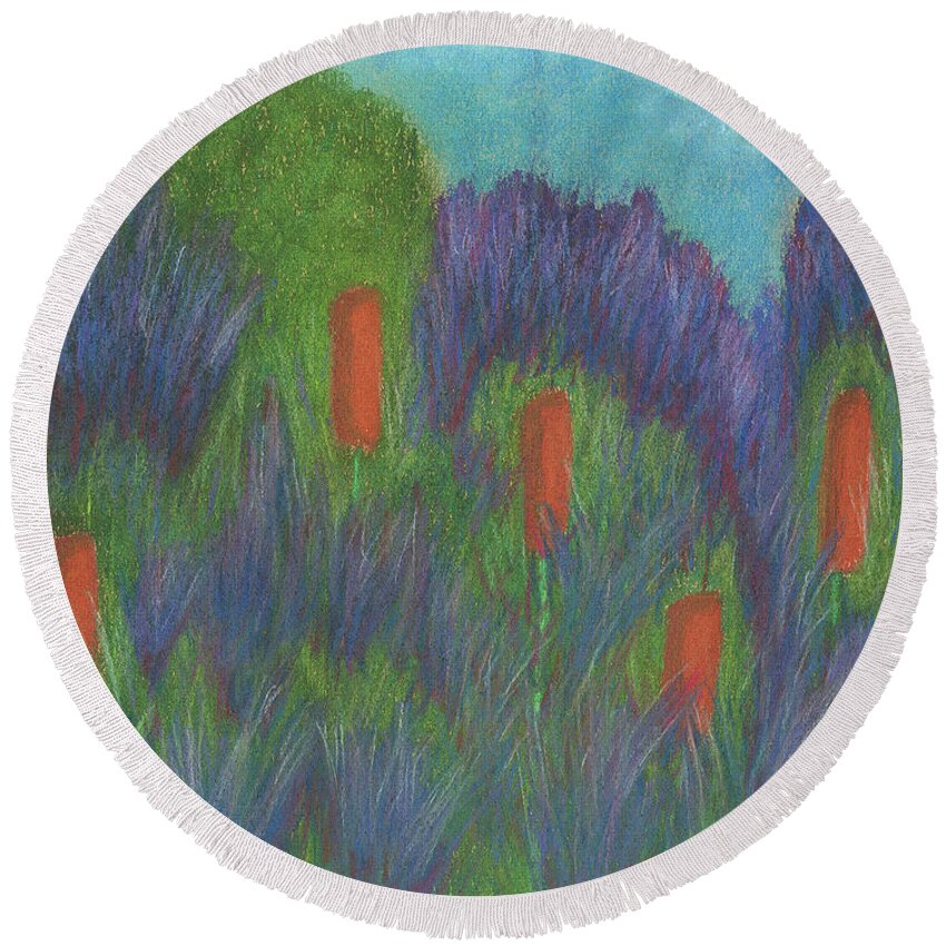 Marsh Round Beach Towel featuring the pastel Purple Strife and Cattails by Anne Katzeff