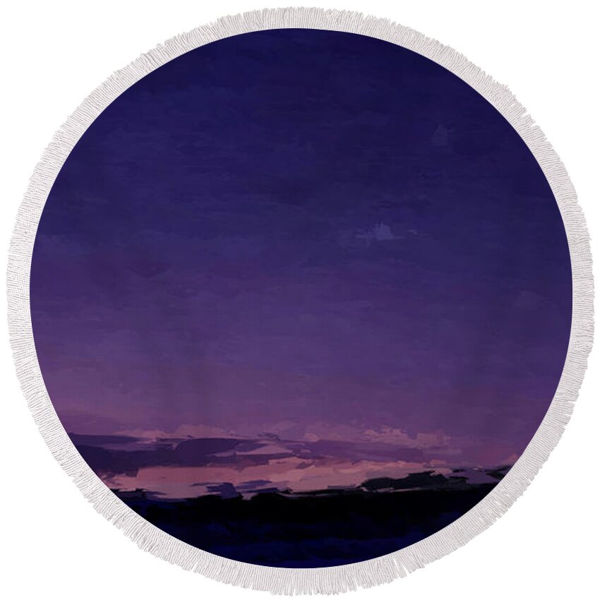 Anthony Fishburne Round Beach Towel featuring the mixed media Purple Sunset Over Beach by Anthony Fishburne
