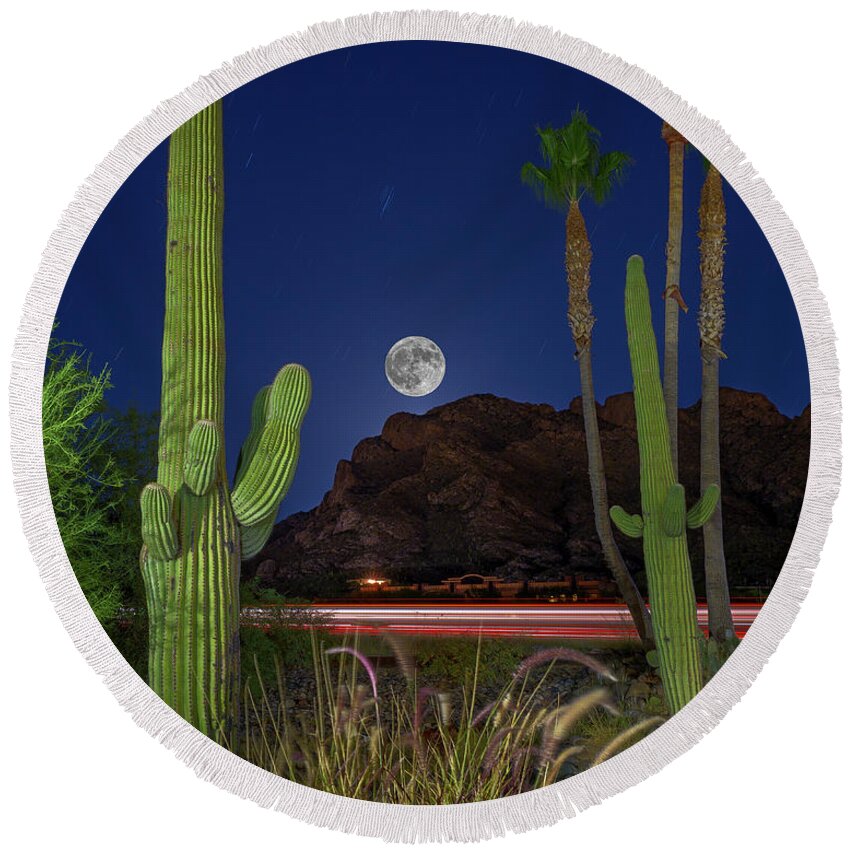 Arizona Round Beach Towel featuring the photograph Pusch Ridge Full Moon v30 by Mark Myhaver