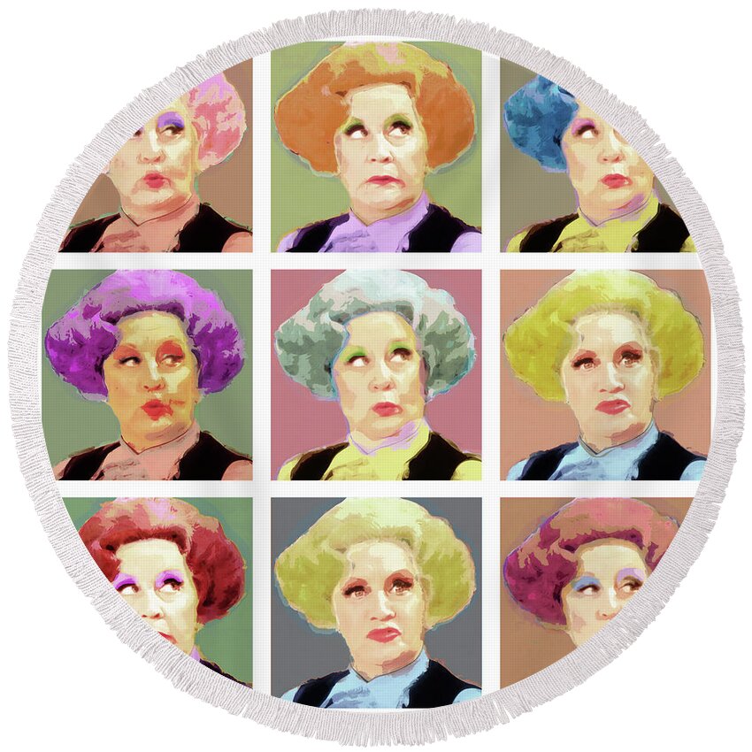 Celebrities Round Beach Towel featuring the digital art Pussy Galore - Nine Lives - Mollie Sugden Portrait, Are You Being Served? by BFA Prints