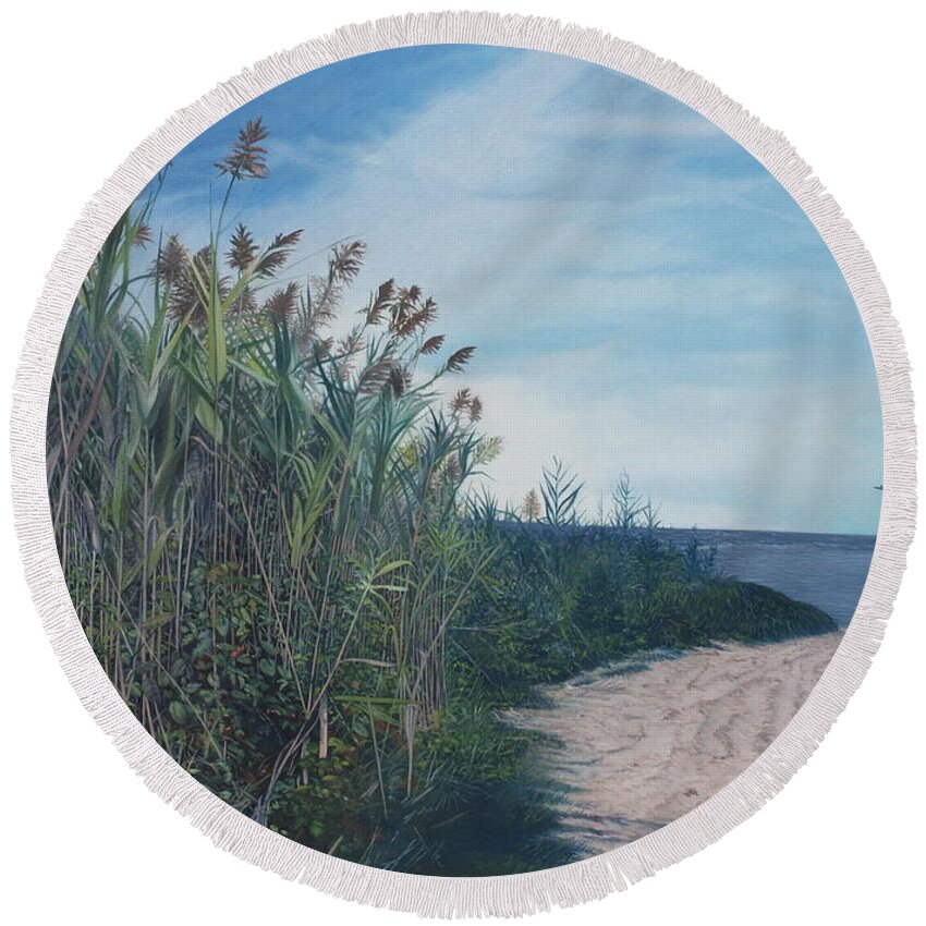 Higbee Beach Round Beach Towel featuring the painting Putting out to sea by Barbara Barber