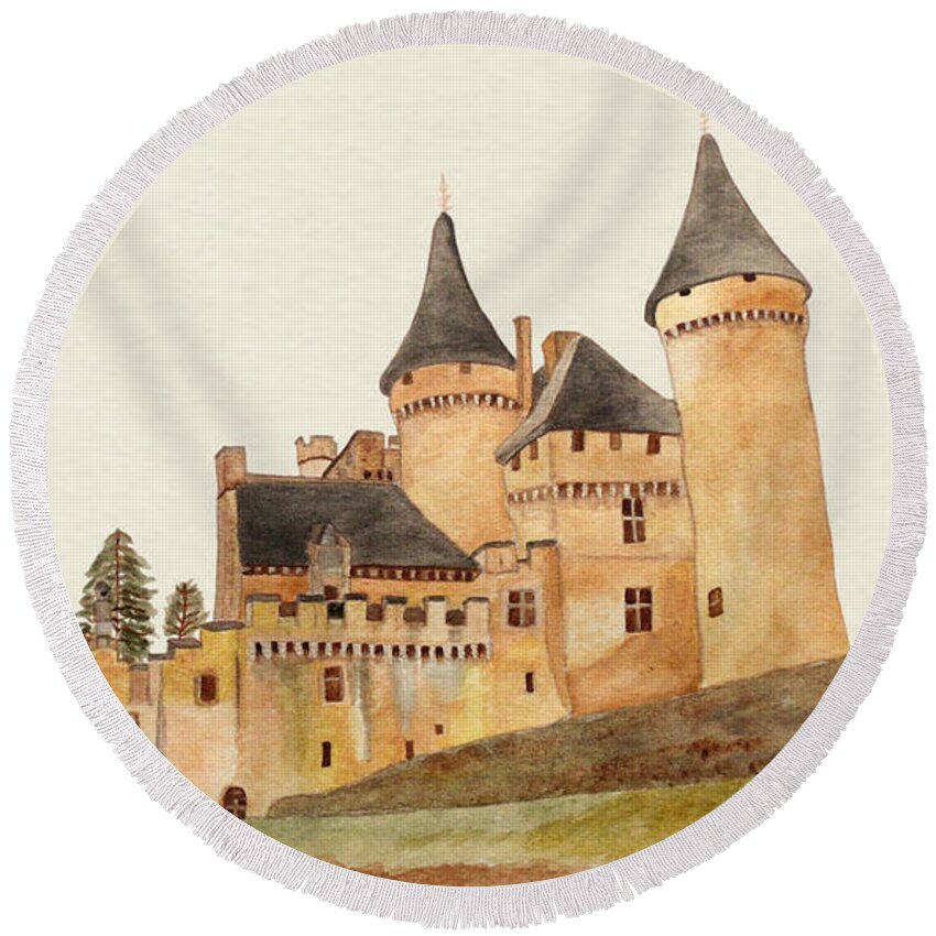 Castle Round Beach Towel featuring the painting Puymartin Castle by Angeles M Pomata