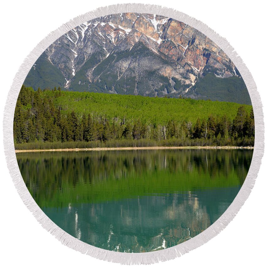 Pyramid Mountain Round Beach Towel featuring the photograph Pyramid Mountain Reflection by Ginny Barklow