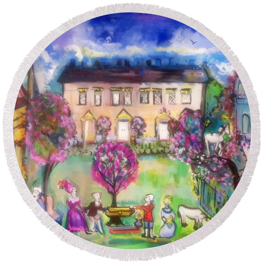 Lawn Round Beach Towel featuring the painting Quaint Picnic on the lawn by Judith Desrosiers