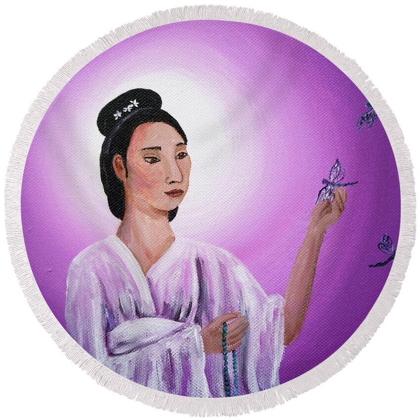 Quan Yin Round Beach Towel featuring the painting Quan Yin with Three Dragonflies by Laura Iverson