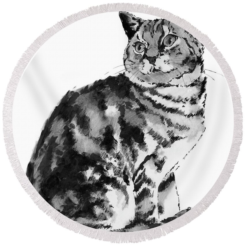 Cat Round Beach Towel featuring the drawing Queen of the Castle by Louise Howarth