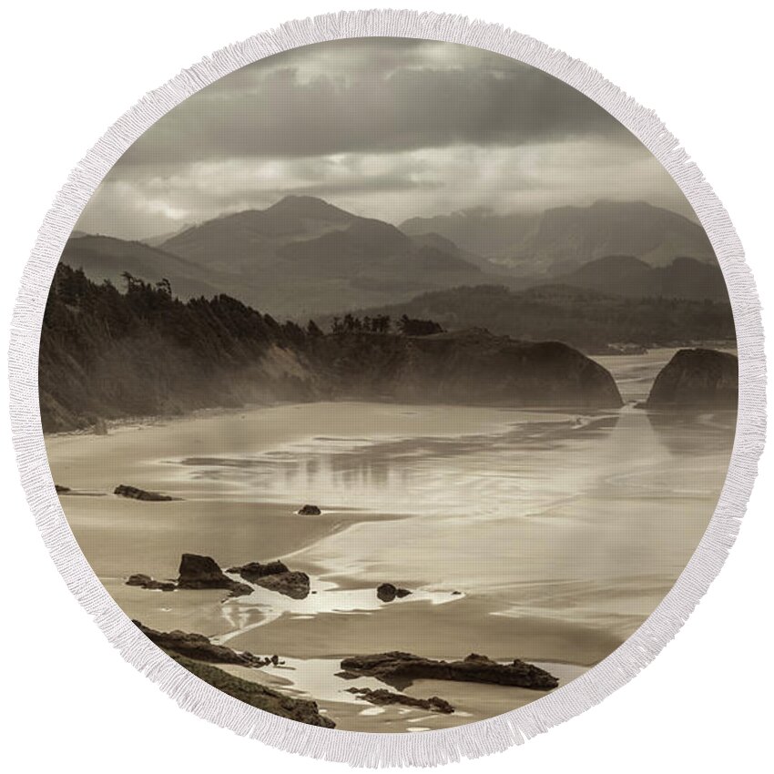 Cannon Beach Round Beach Towel featuring the photograph Quiet Along the Beach by Don Schwartz