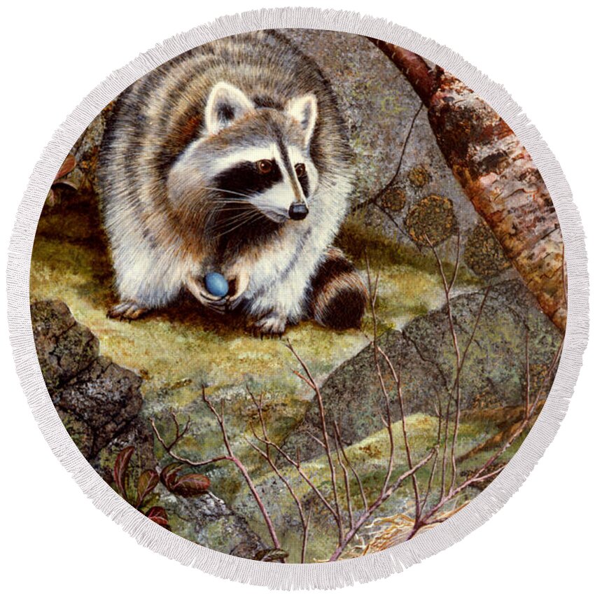 Raccoon Found Treasure Round Beach Towel featuring the painting Raccoon Found Treasure by Frank Wilson