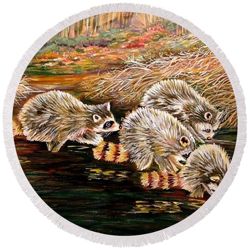 Raccoons Round Beach Towel featuring the painting Raccoons at Sunrise by Carol Allen Anfinsen