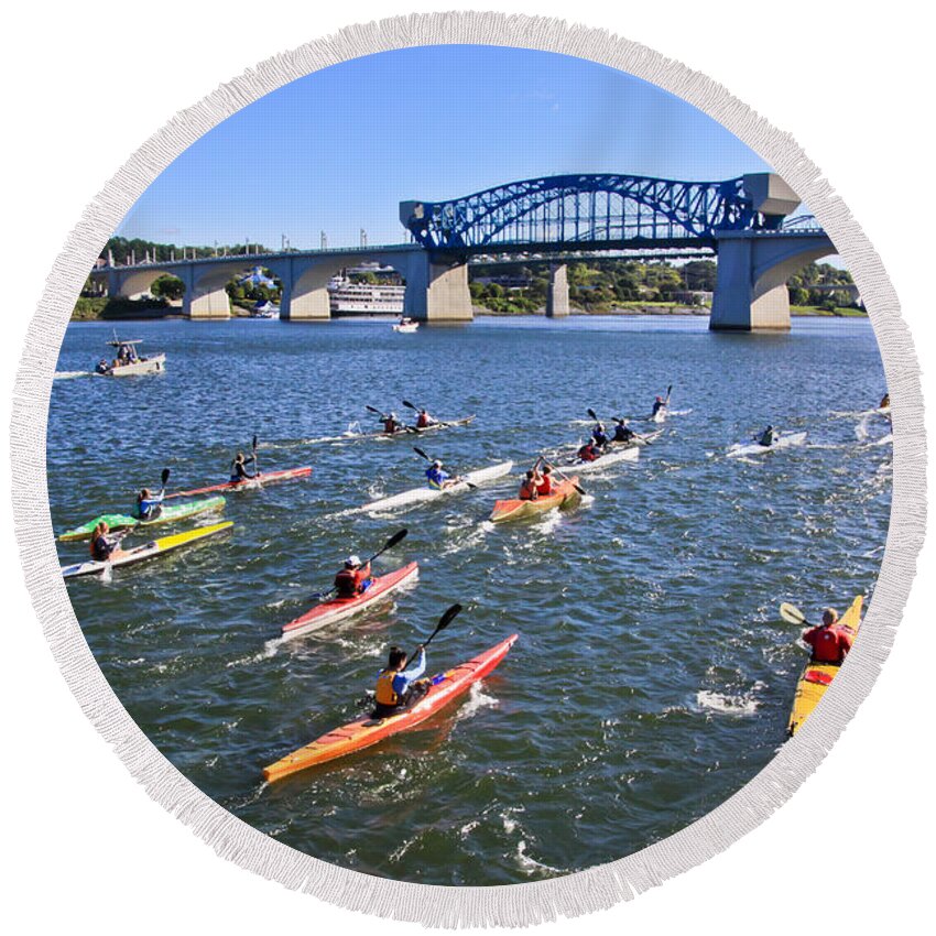 Market Street Bridge Round Beach Towel featuring the photograph Race on the River by Tom and Pat Cory