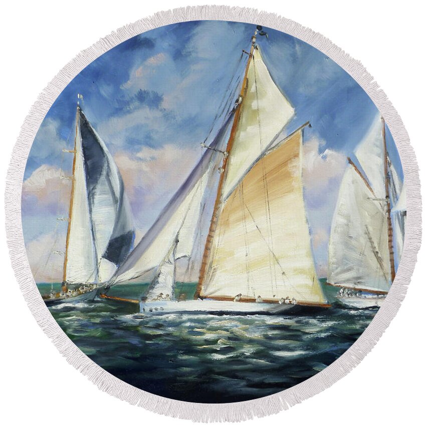 Yachts Round Beach Towel featuring the painting Race - Sails 11 by Irek Szelag