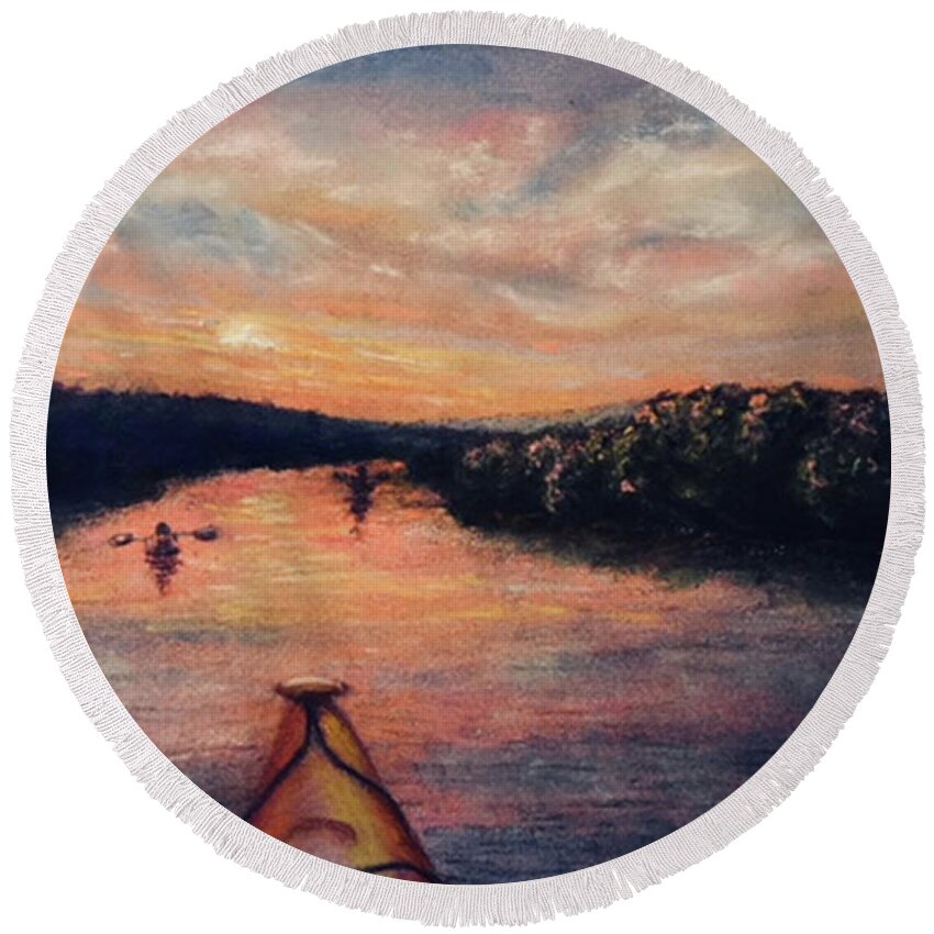 River Round Beach Towel featuring the painting Racing the Sunset by Susan Sarabasha