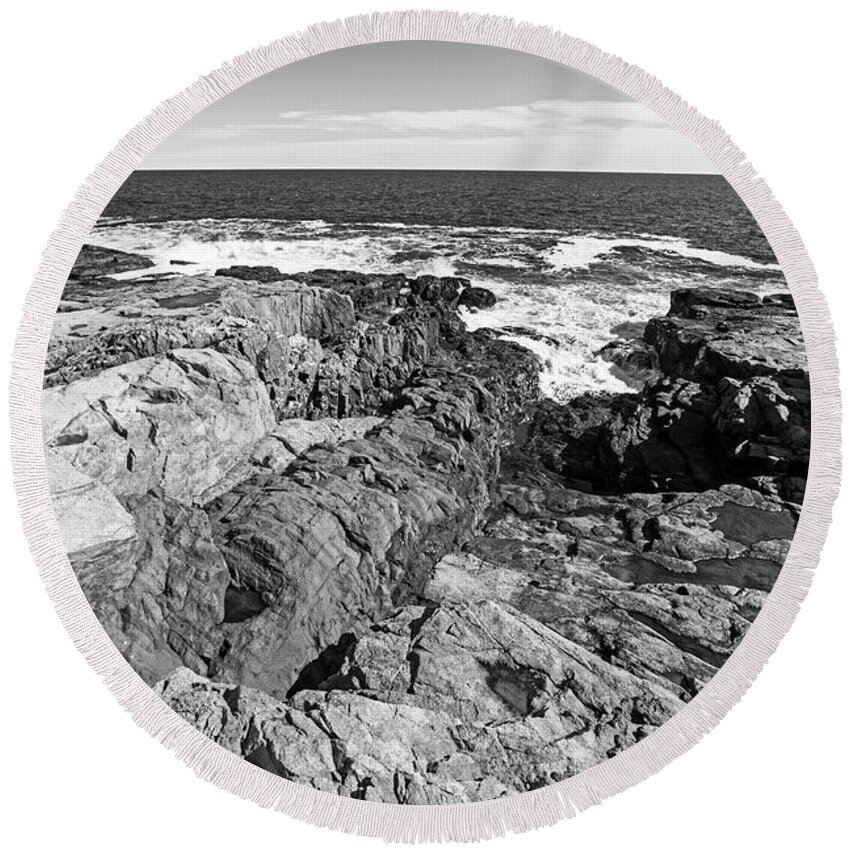 Rafe's Round Beach Towel featuring the photograph Rafe's Chasm Gloucester MA North Shore Black and White by Toby McGuire