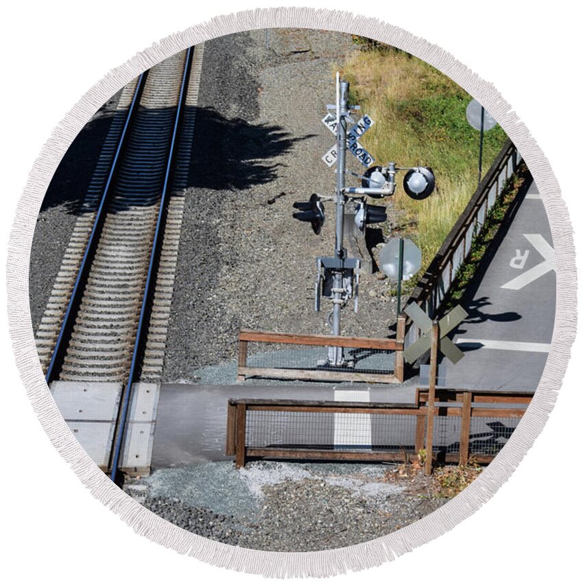 Railroad Crossing Round Beach Towel featuring the photograph Railroad Crossing by Tom Cochran