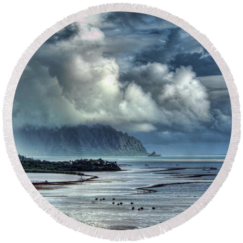 Hdr Round Beach Towel featuring the photograph Rain clearing Kaneohe Bay by Dan McManus