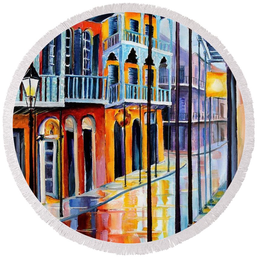 New Orleans Round Beach Towel featuring the painting Rain on Royal Street by Diane Millsap