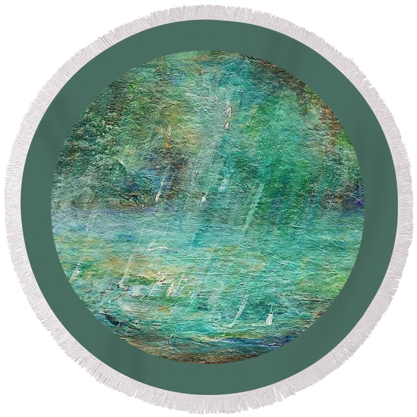 Landscape Painting Round Beach Towel featuring the painting Rain on the Pond by Mary Wolf