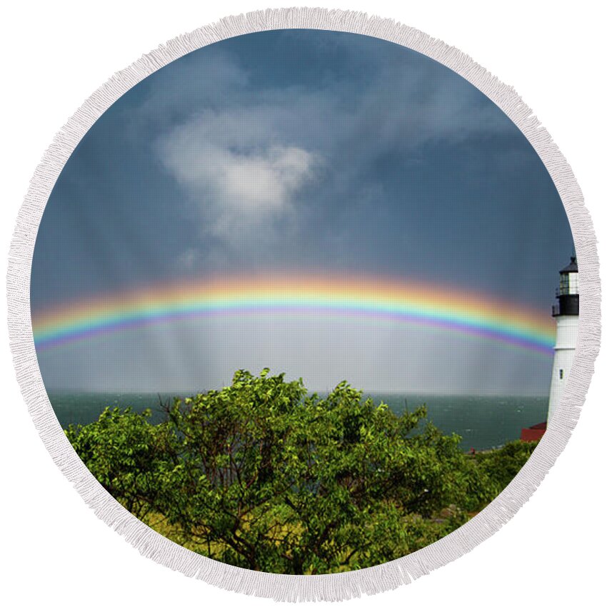 Rainbow Round Beach Towel featuring the photograph Rainbow at Portland Headlight by Darryl Hendricks