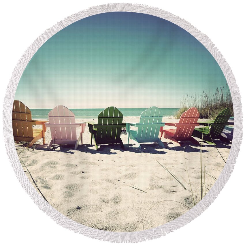 Florida Round Beach Towel featuring the photograph Rainbow Beach-Vintage by Chris Andruskiewicz
