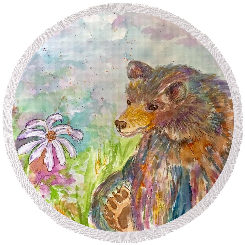 Rainbow Bear Round Beach Towel featuring the painting Rainbow Bear and Wildflowers by Ellen Levinson