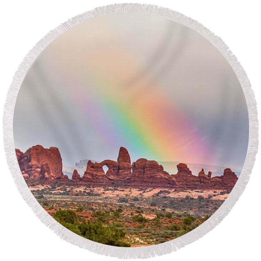Rainbow Round Beach Towel featuring the photograph Rainbow Down by James BO Insogna