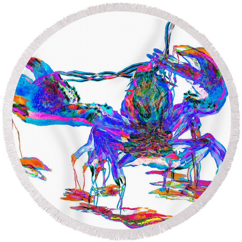 Blue Round Beach Towel featuring the painting Rainbow Lobster On Acid by Ken Figurski