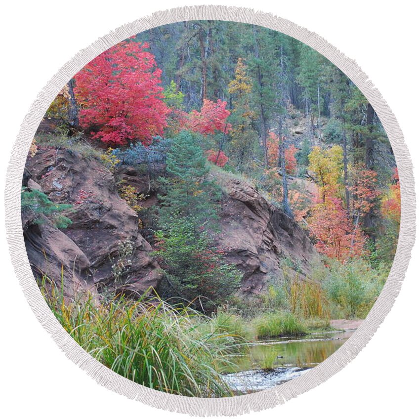 Sedona Round Beach Towel featuring the photograph Rainbow of the Season with River by Heather Kirk