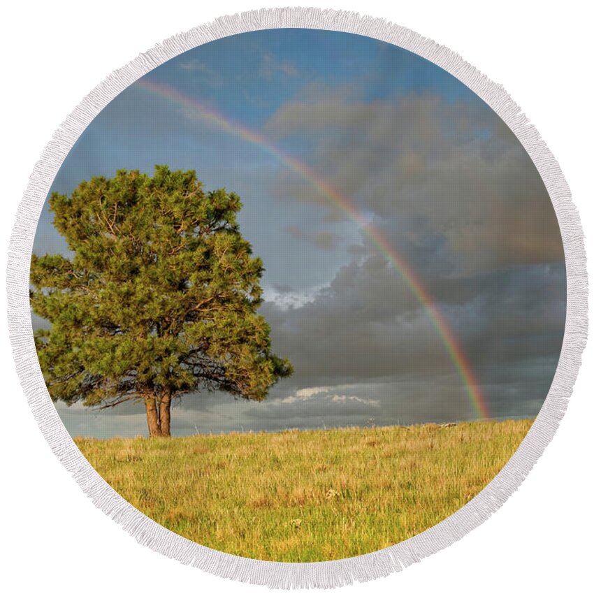 Arizona Round Beach Towel featuring the photograph Rainbow Over a Lone Tree by Jeff Goulden