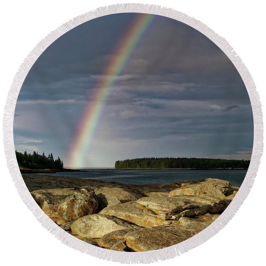 Rainbow Round Beach Towel featuring the photograph Rainbow, Owls Head, Maine by Kevin Shields