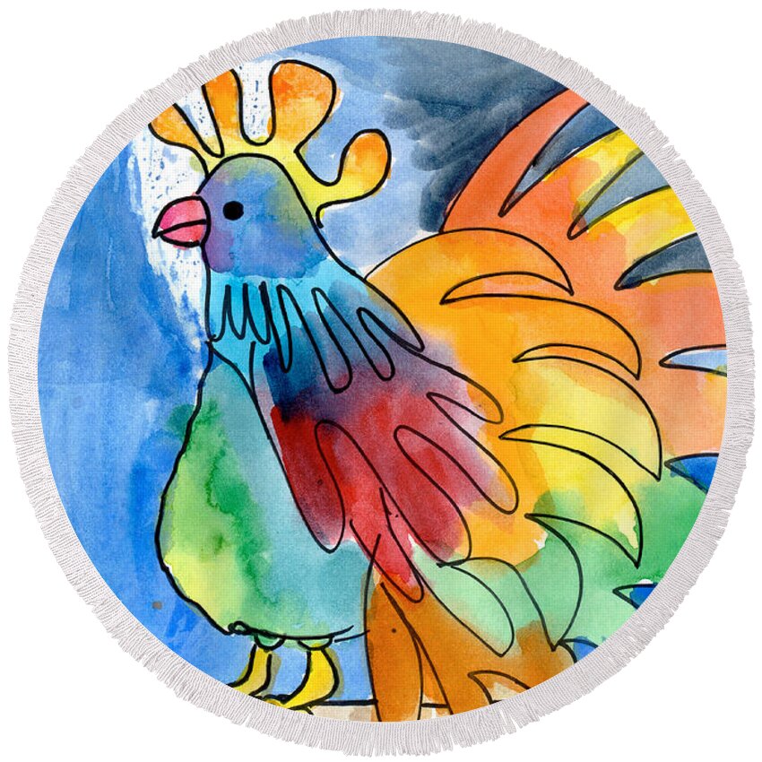 Art By Kids Round Beach Towel featuring the painting Rainbow Rooster by Holly Cramer Age Eleven