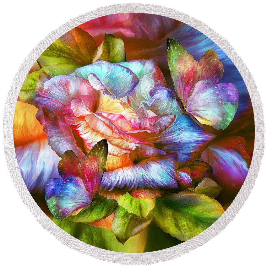 Carol Cavalaris Round Beach Towel featuring the mixed media Rainbow Rose And Butterflies by Carol Cavalaris