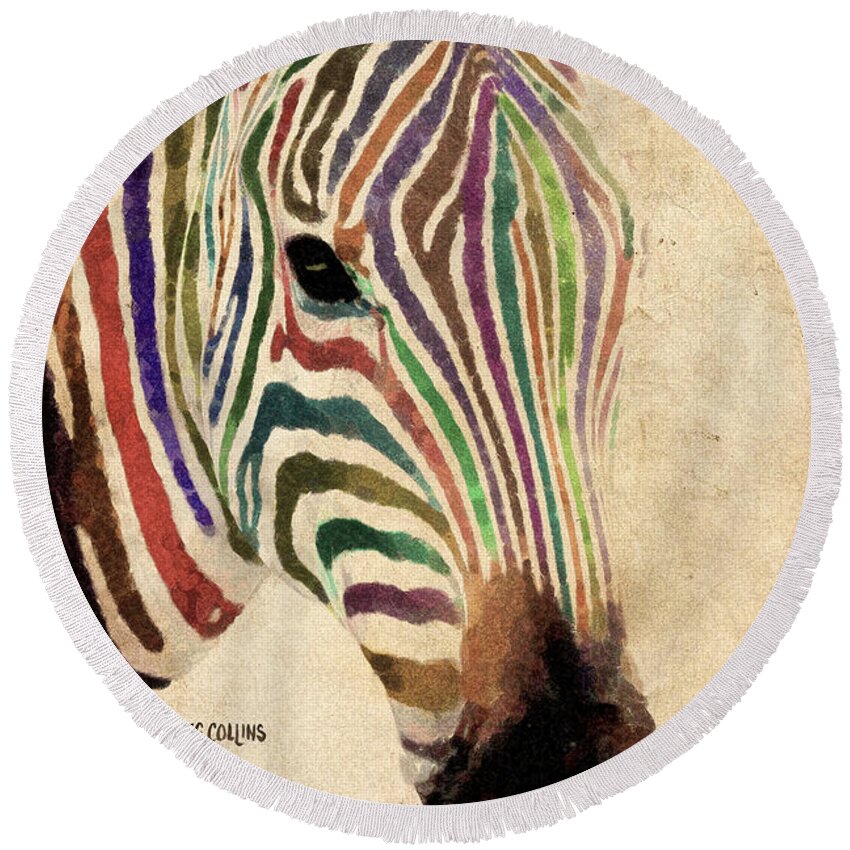 Zebra Round Beach Towel featuring the painting Rainbow Zebra by Greg Collins