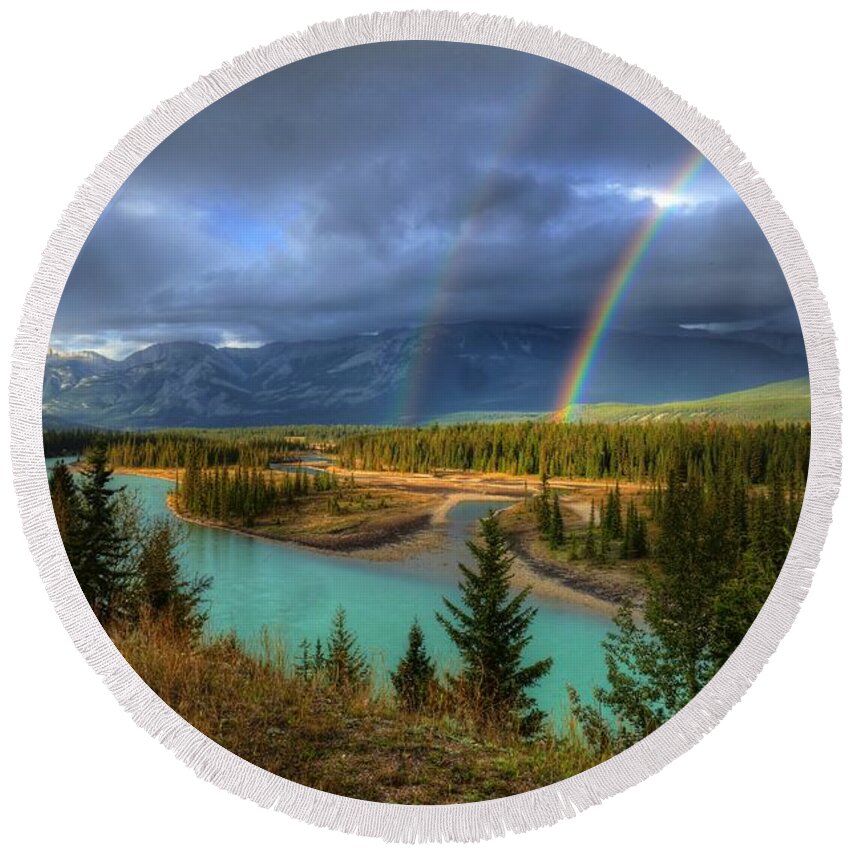 Rainbows On The Athabasca Round Beach Towel featuring the photograph Rainbows on the Athabasca River Jasper National Park by Wayne Moran