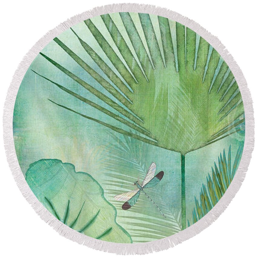 Jungle Round Beach Towel featuring the painting Rainforest Tropical - Elephant Ear and Fan Palm Leaves w Botanical Dragonfly by Audrey Jeanne Roberts