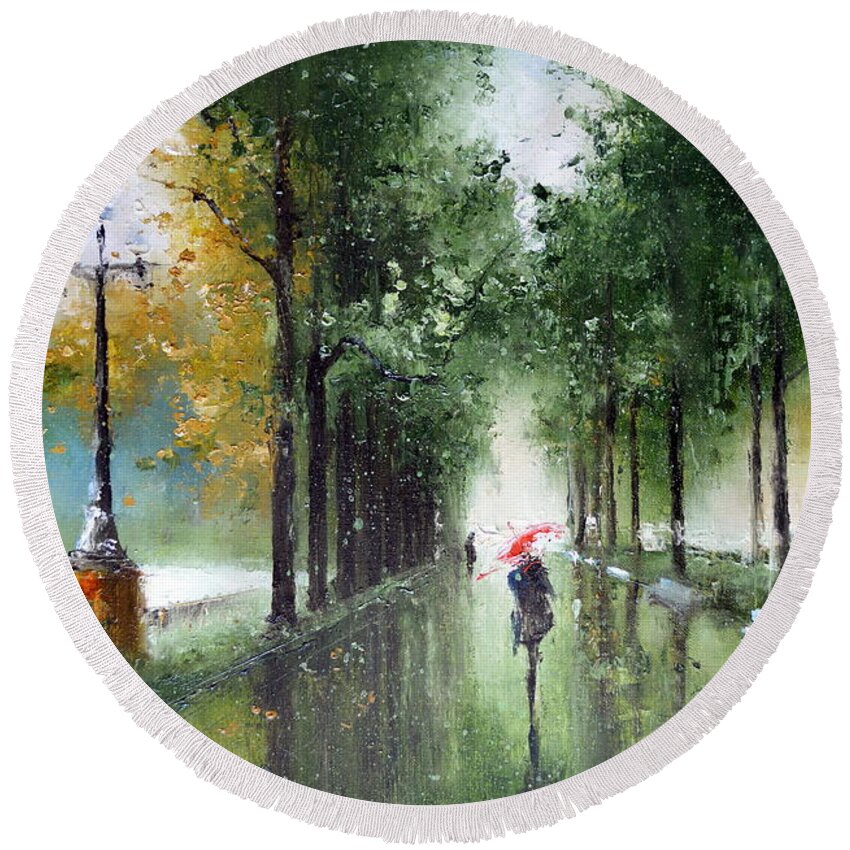 Russian Artists New Wave Round Beach Towel featuring the painting Rainy Autumn by Igor Medvedev