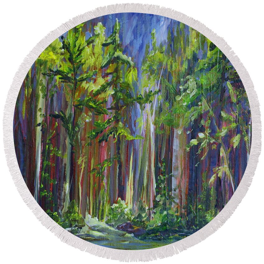 Forest Round Beach Towel featuring the painting Rainy Day at Nutimik Lake by Jo Smoley