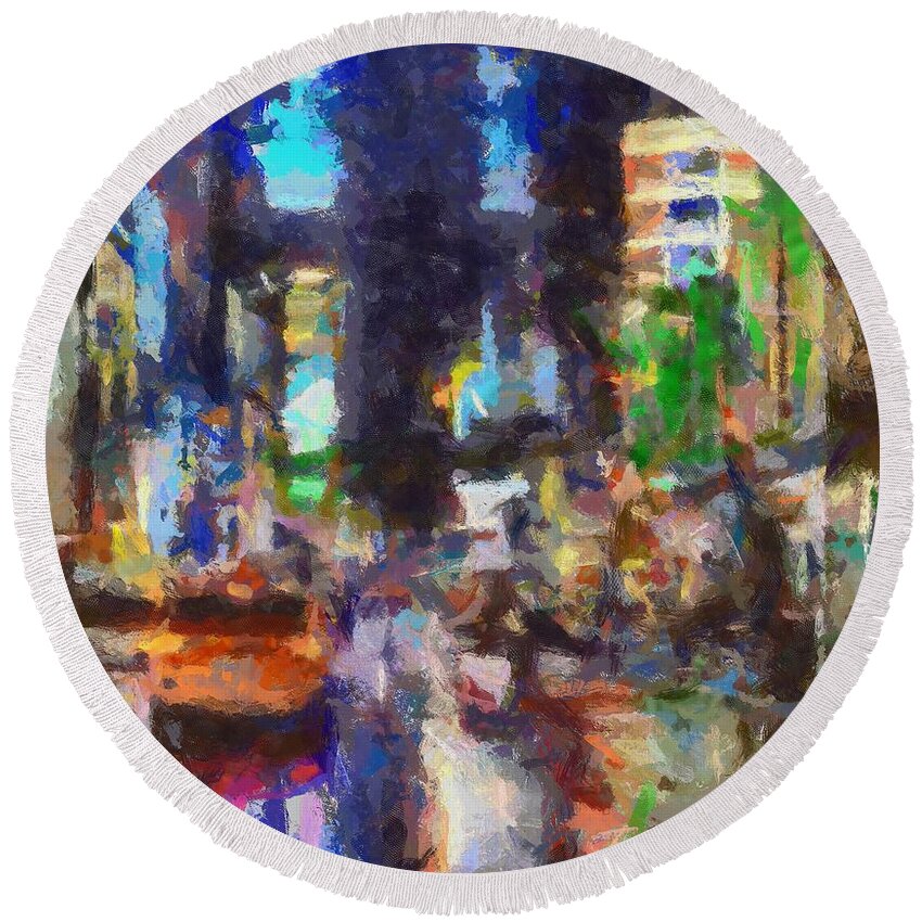 Street Scenes Round Beach Towel featuring the painting Rainy Day In Times Square by Dragica Micki Fortuna