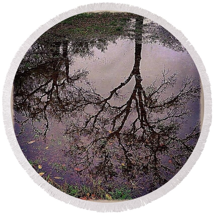 Keepaustinweird Round Beach Towel featuring the photograph #rainy Day #spring #reflection In by Austin Tuxedo Cat