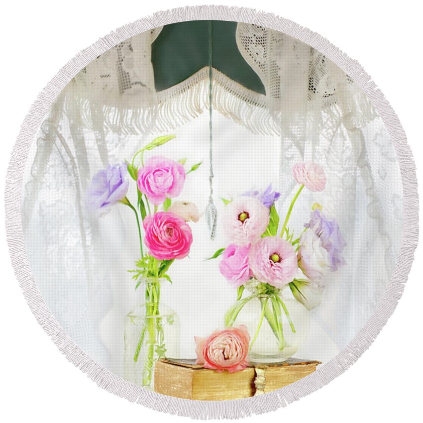 Ranunculus Round Beach Towel featuring the photograph Ranunculus in Window by Susan Gary