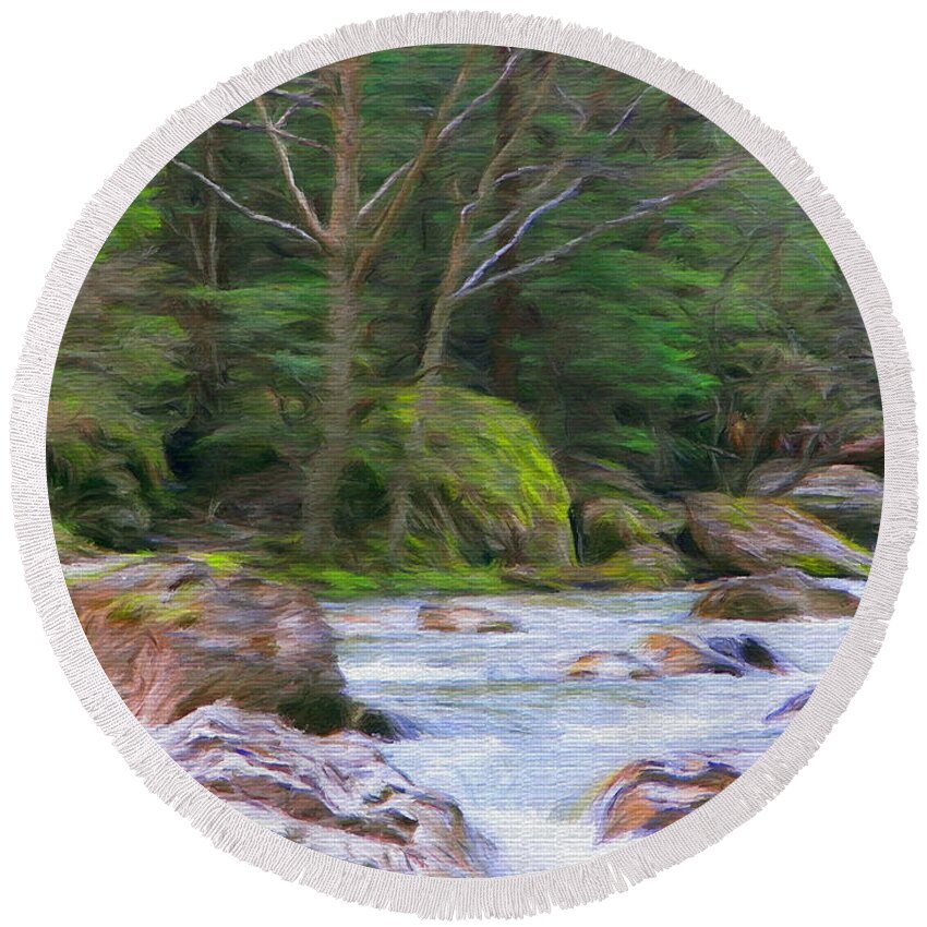 River Round Beach Towel featuring the painting Rapids at the Rivers Bend by Jeffrey Kolker