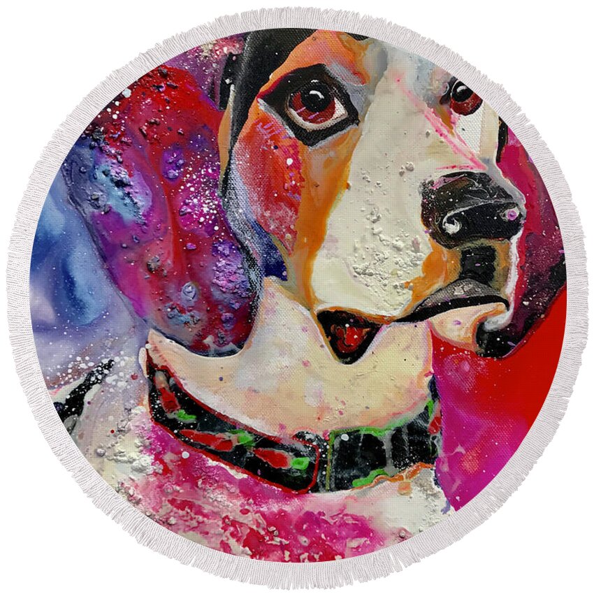 Beagle Round Beach Towel featuring the painting Rascal by Kasha Ritter