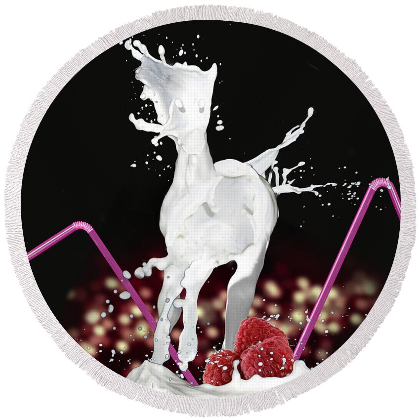 Equine Round Beach Towel featuring the digital art Raspberry coctail and a horse by Kate Black