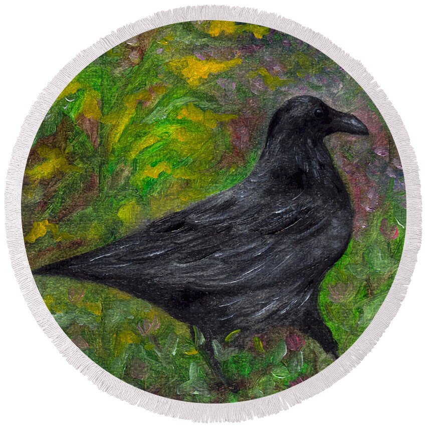 Birds Round Beach Towel featuring the painting Raven in Goldenrod by FT McKinstry