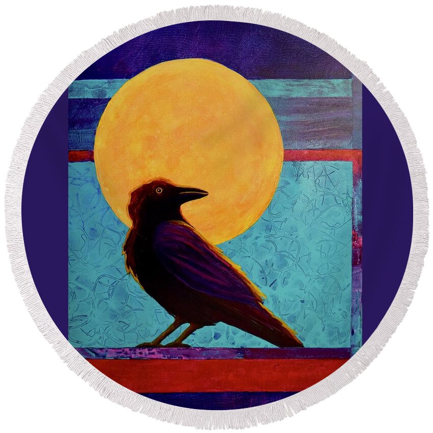 Raven Round Beach Towel featuring the painting Raven Moon by Nancy Jolley