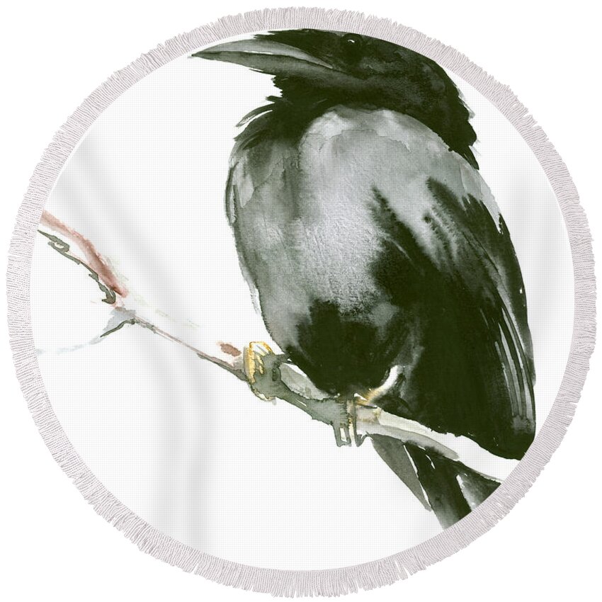 Raven Round Beach Towel featuring the painting Raven by Suren Nersisyan